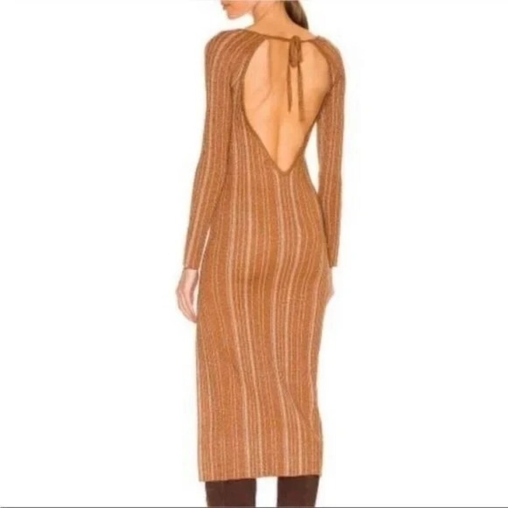LPA Dress Womens S  Sparkle Brown Striped Long Sleeve Midi‎ Slit Knit Holiday - Picture 2 of 7